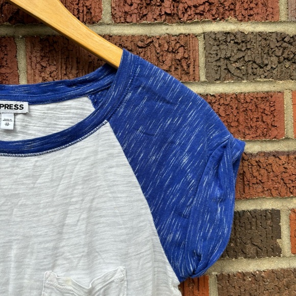 Express White and Blue Marled Baseball Tee Short Sleeve Ringer Tee Shirt - Picture 5 of 5